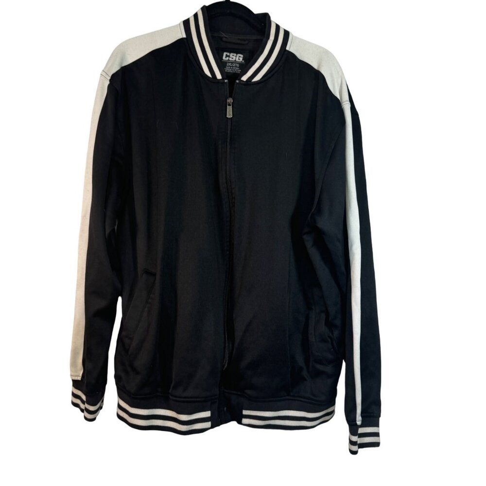 CSG Black & White Varsity Jacket 2XL with Zip Front & Striped Trim